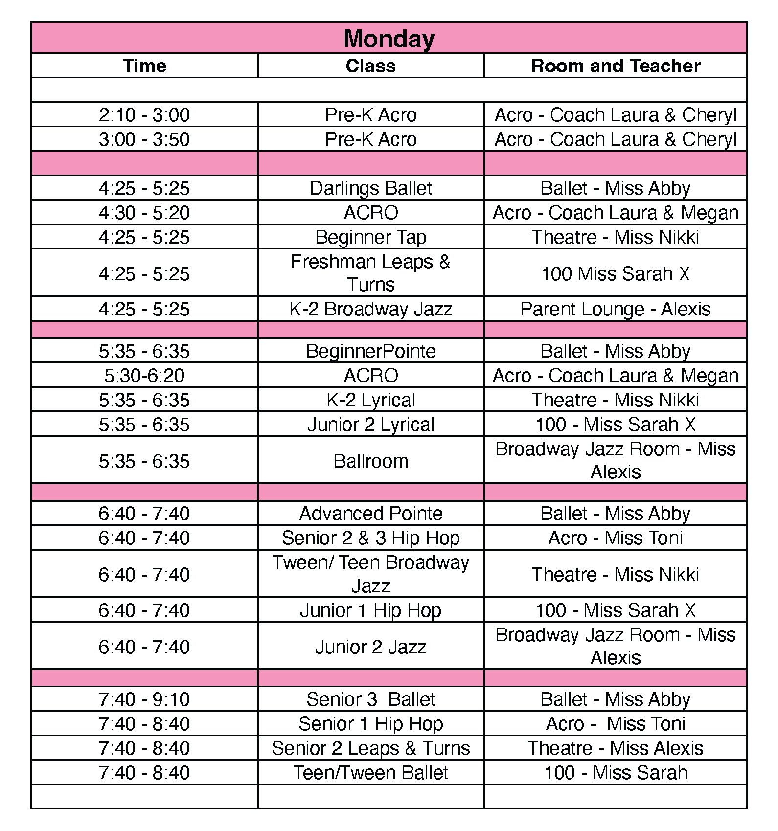 Divine Rhythms Dance 2026 Schedule Monday